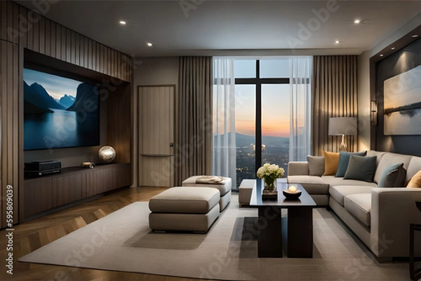 Fototapeta The interior design of a living room that's perfect for a movie lover, with comfortable seating and a large screen for watching films  | Generative AI