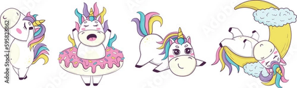 Obraz Set of funny kawaii unicorns in anime style for kids product design