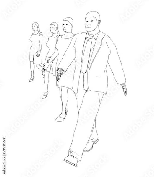 Fototapeta Outline of walking people in a row of black lines isolated on a white background. A man and three women. Vector illustration.
