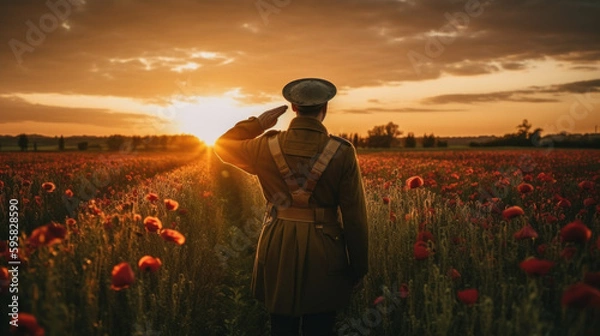Fototapeta Soldier salutes standing in poppy field during sunset. Remembrance Day created with generative AI technology