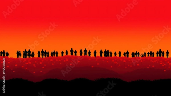 Fototapeta Remembrance Day. Silhouettes of soldiers at poppy field created with generative AI technology
