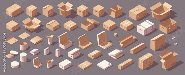Fototapeta Big isometric carton box set. Different types of cardboard boxes. Box for goods, delivery and gifts. Vector illustration