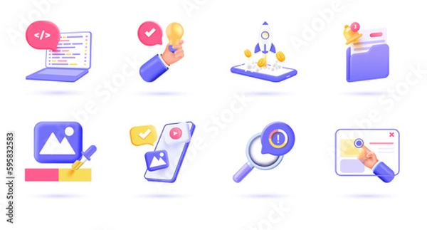 Fototapeta 3d Development icon set. Trendy illustrations of Programming, Testing, Coding, Network security, Programmer, Website layout, Optimization, etc. Render 3d vector objects