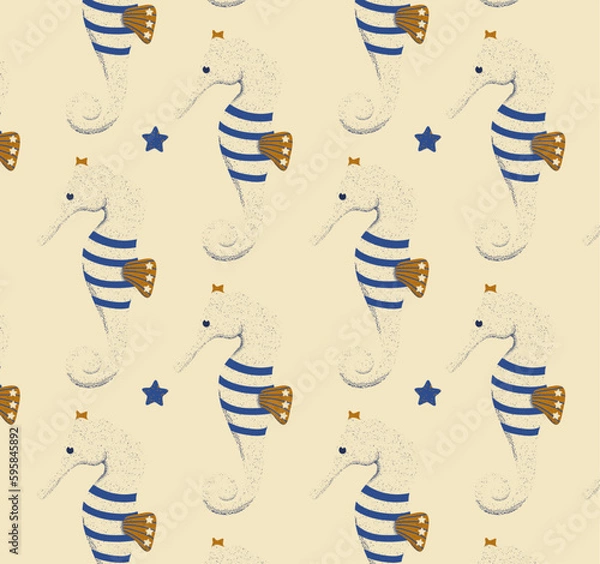 Fototapeta Seahorse pattern vector seamless stippled vintage sealife