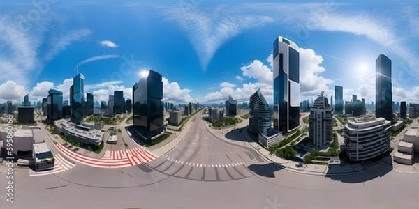 Obraz Full 360 degrees seamless spherical panorama HDRI equirectangular projection of Daytime Big City Future Sky . Texture environment map for lighting and reflection source rendering 3d scenes.