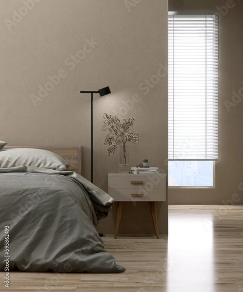 Fototapeta Modern, luxury beige bedroom with wooden bed, gray blanket and pillow, bedside table, black floor lamp in sunlight from window blinds on brown stucco wall for interior design background 3D