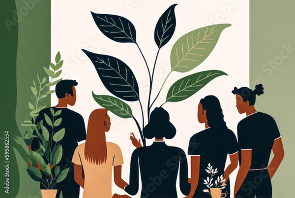 Fototapeta Group working around a table in a green and eco-friendly work environment. Image representing teamwork and sustainability. Generative AI