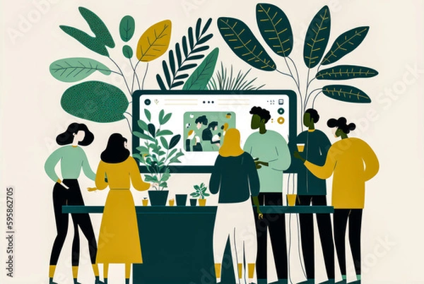 Fototapeta Group of people working in a collaborative and sustainable environment. Environmentally friendly flat design for improved productivity and collaboration. Generative AI