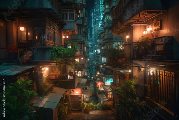 Fototapeta Futuristic megacities: A dystropic cyberpunk city in sureal Hong Kong architecture, Generative AI