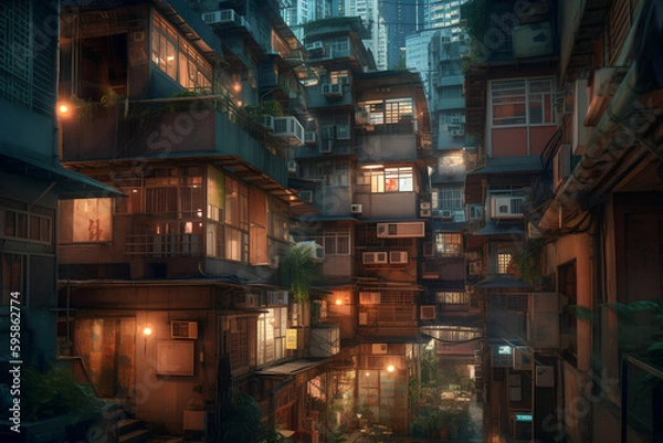 Fototapeta Futuristic megacities: A dystropic cyberpunk city in sureal Hong Kong architecture, Generative AI