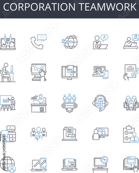 Fototapeta Corporation teamwork line icons collection. Partnership collaboration, Unity harmony, Alliance cooperation, Group effort, Joint venture, Mutual aid, Team effort vector and linear illustration