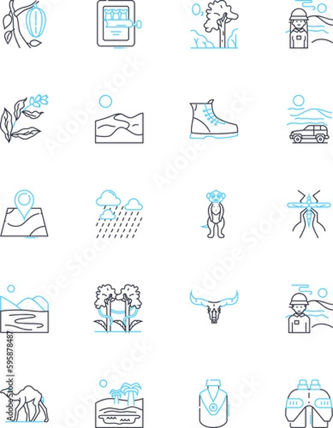 Obraz Terrain linear icons set. Rough, Rocky, Hilly, Steep, Uneven, Mountainous, Deserted line vector and concept signs. Barren,Wild,Ravaged outline illustrations