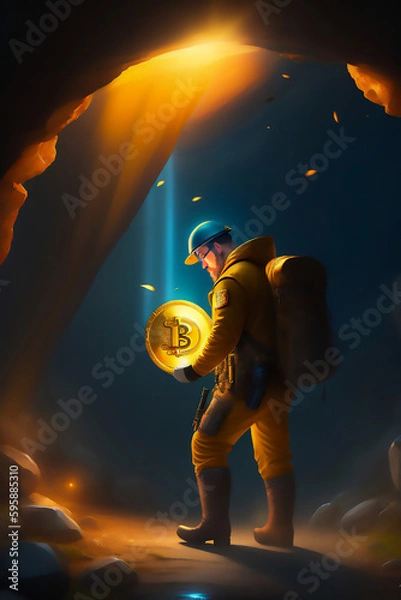 Fototapeta Bitcoin miner extracting bitcoin coins inside a mine (concept)(AI Generative)