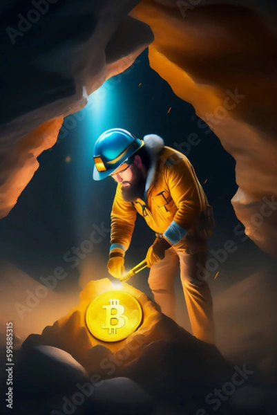 Fototapeta Bitcoin miner extracting bitcoin coins inside a mine (concept)(AI Generative)
