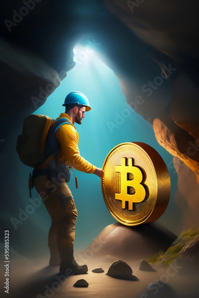 Fototapeta Bitcoin miner extracting bitcoin coins inside a mine (concept)(AI Generative)