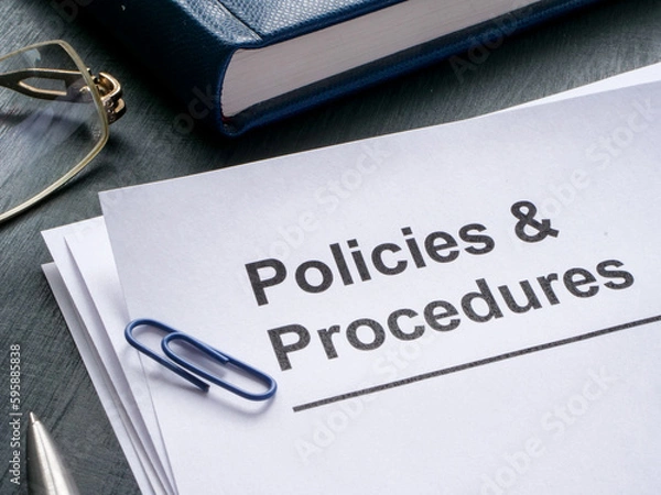 Obraz Documents about policies and procedures are on the table.