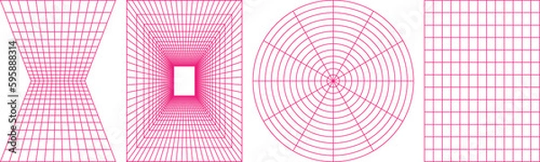 Fototapeta Set of geometry wireframe grid backgrounds. Cyberpunk elements in trendy psychedelic rave style. PNG