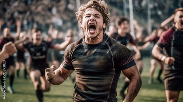 Fototapeta Rugby players cheer and celebrate their team's victory - ai generative