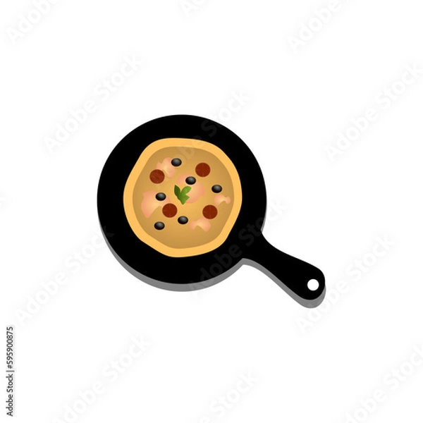 Fototapeta Fresh pizza with tomato, cheese, olive, sausage, onion, basil. Traditional italian fast food. Top view meal. European snack. Isolated white background. EPS10 vector illustration.