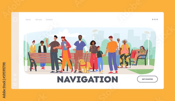Fototapeta Navigation Landing Page Template. Blind Man Navigates The Park With His Guide Dog, Moving Through The Pathways