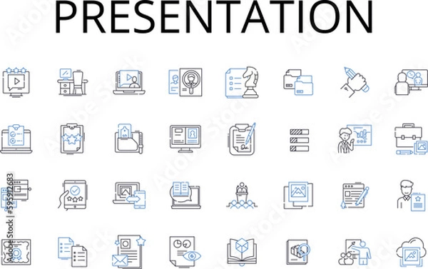 Fototapeta Presentation line icons collection. Performance, Demonstration, Show, Display, Lecture, Exhibit, Explanation vector and linear illustration. Pitch,Discourse,Report outline signs set