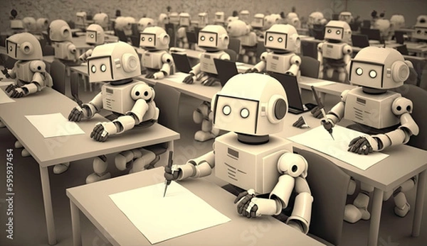 Fototapeta Students cheating with AI, AI-assisted cheating. Impact of ChatGPT on academic integrity & education. AI-driven cheating among students. Cheating in school. Illustration created with Generative AI.