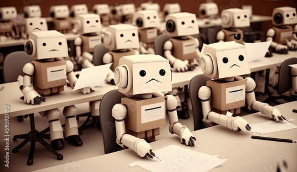 Fototapeta Students cheating with AI, AI-assisted cheating. Impact of ChatGPT on academic integrity & education. AI-driven cheating among students. Cheating in school. Illustration created with Generative AI.