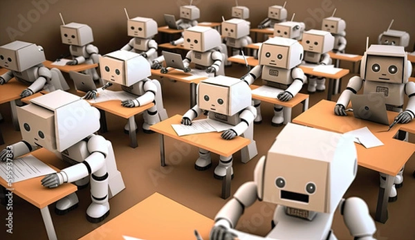 Fototapeta Students cheating with AI, AI-assisted cheating. Impact of ChatGPT on academic integrity & education. AI-driven cheating among students. Cheating in school. Illustration created with Generative AI.