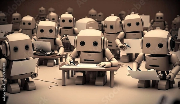 Fototapeta Students cheating with AI, AI-assisted cheating. Impact of ChatGPT on academic integrity & education. AI-driven cheating among students. Cheating in school. Illustration created with Generative AI.