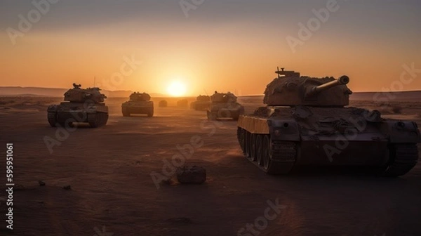 Obraz Convoy of Tanks Rumbles Across War-torn Landscape Generative AI	