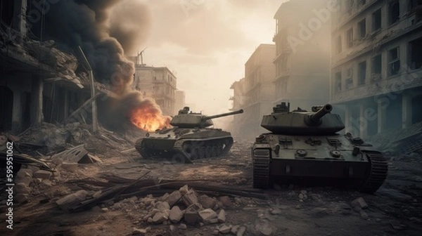 Obraz Two Tanks Face Off in Shattered Cityscape with Turrets Generative AI	
