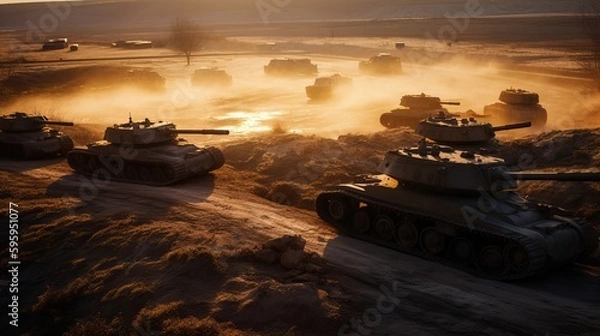 Obraz Convoy of Tanks Rumbles Desert Landscape Military Mission Generative AI	