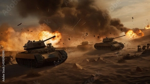 Obraz Formation of Tanks Advances Amid Bombardment Strategic Warfare Generative AI	