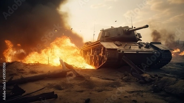 Obraz WWI Tank Breaks Through Enemy Lines Fire Engulfed Warfare Generative AI	
