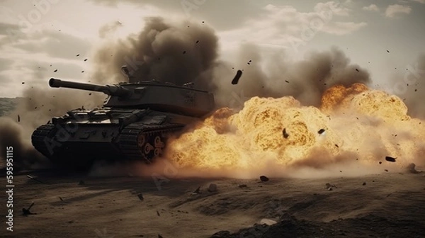 Obraz First World War Tank Pierces Enemy Defenses Fiery Battleground Generative AI	