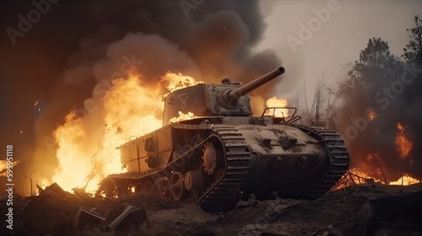 Obraz WWI Tank Ruins Battlefield Aftermath Historical War Generative AI	