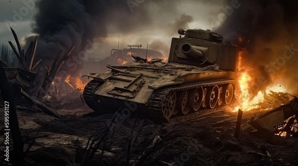 Obraz WWI Tank Ruins Battle-Scarred Landscape Abandoned War Machine Generative AI	