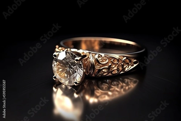 Fototapeta 3d Gold Engagement Ring With Diamond And Reflection. Generative AI