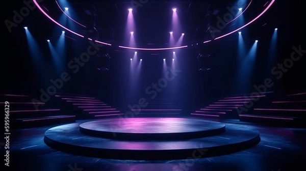 Fototapeta The dark stage shows empty dark blue purple pin background. AI generated