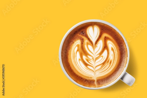 Obraz hot coffee cappuccino or latte coffee top view isolated on yellow background with clipping path