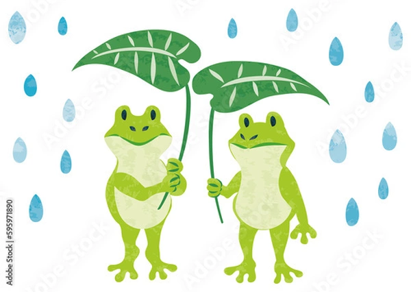 Obraz 6月　梅雨　雨粒と葉っぱを持ったカエルのイラスト