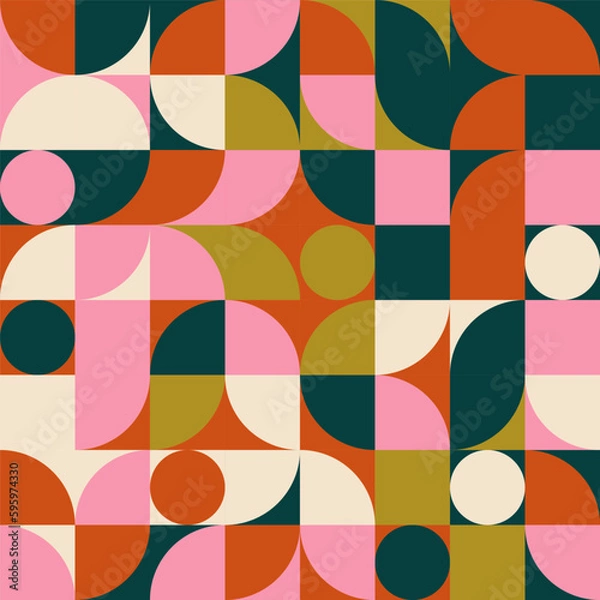 Fototapeta Retro geometric aesthetics. Bauhaus and avant-garde inspired vector background with abstract simple shapes like circle, square, semi circle. Colorful pattern in nostalgic pastel colors.