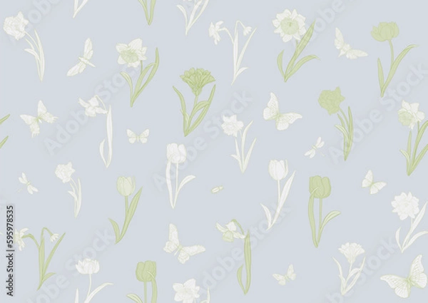 Obraz White daffodils and tulips flowers, the early spring flowers. Seamless pattern, background. Vector illustration. In botanical style