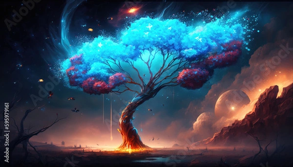 Fototapeta an impressive blue shimmering cherry tree in space, fantasy scifi artwork, generative ai technology