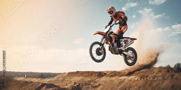 Fototapeta extreme biker making a stunt and jumps in the air by ai generative