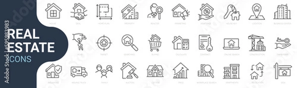 Fototapeta Set of line icons related to real estate, property, buying, renting, house, home. Outline icon collection. Editable stroke. Vector illustration. Linear business symbols