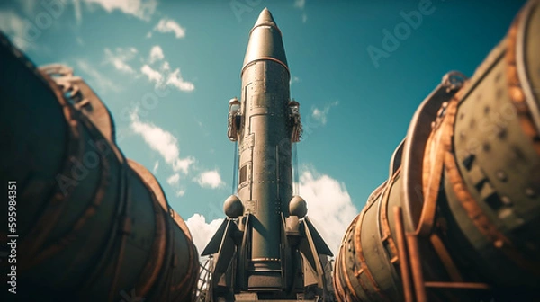 Fototapeta The nuclear warhead and Missiles are ready to be launched. Hypersonic Weapons of mass destruction. Nuclear rockets are ready to flying in the air to defense and attack. Generative AI, illustration.