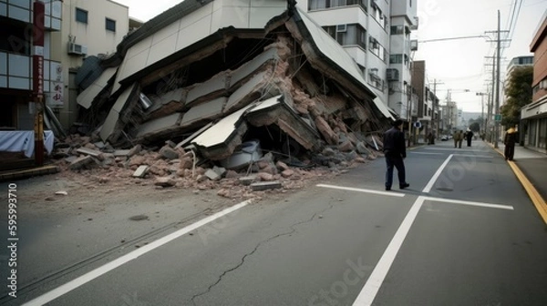 Fototapeta Earthquake destroyed a building in street created with Generative AI