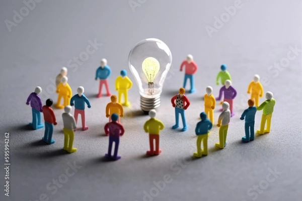 Fototapeta business illustration. small people characters develop creative business idea. Isometric big light bulb as metaphor idea. Graphics design Generative AI