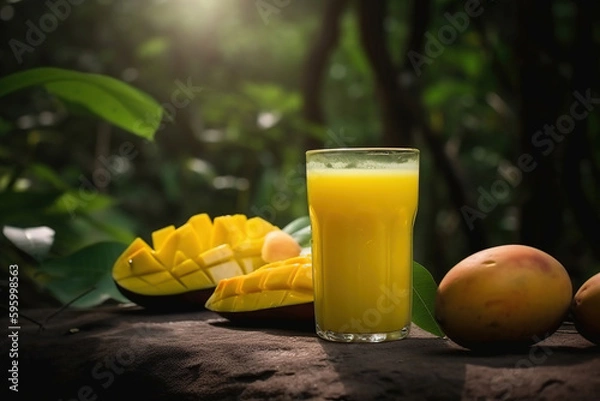 Fototapeta Mango juice and sliced mangoes on a wooden table. Generative Ai